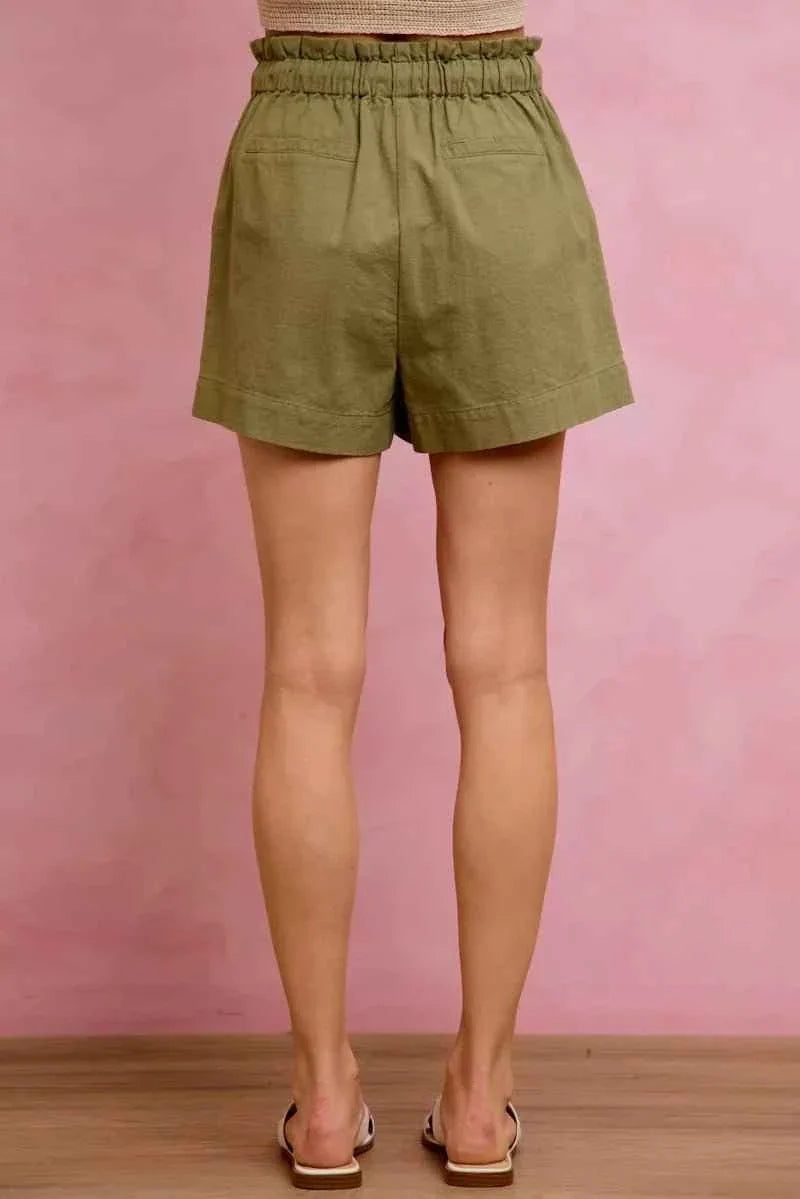 Olive Paper Bag Patch Pocket Drawstring Twill Shorts by So Me
