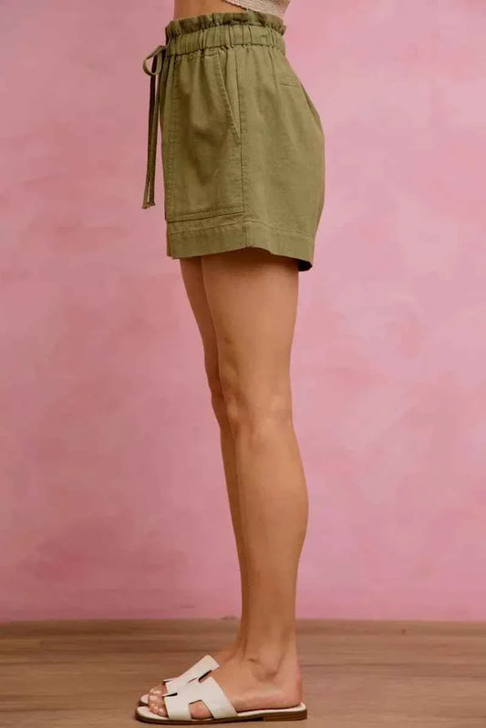 Olive Paper Bag Patch Pocket Drawstring Twill Shorts by So Me