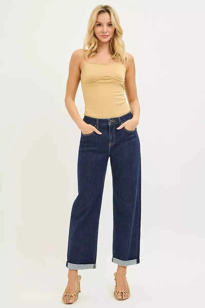 Solid Dark Wash Slouchy Cropped  Boyfriend Jeans with Cuffed Hem by Risen