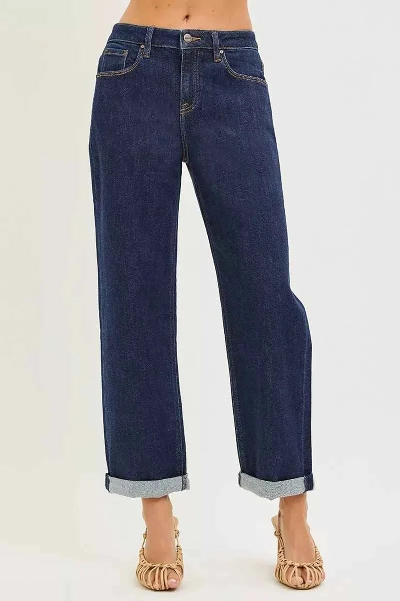 Solid Dark Wash Slouchy Cropped  Boyfriend Jeans with Cuffed Hem by Risen