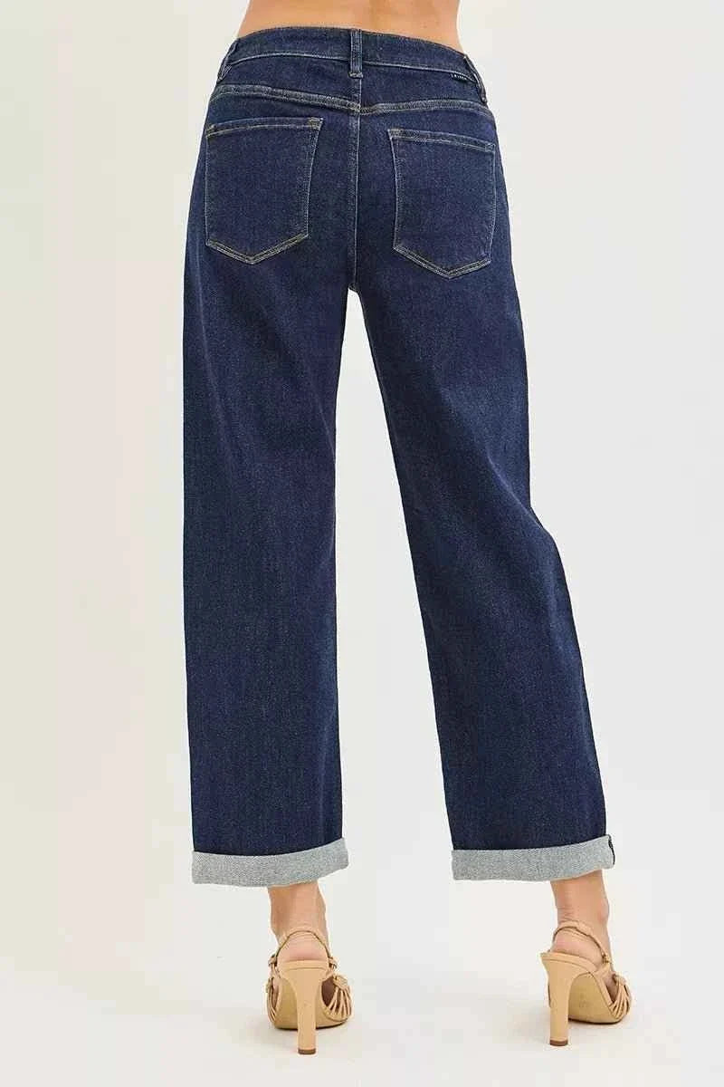 Solid Dark Wash Slouchy Cropped  Boyfriend Jeans with Cuffed Hem by Risen