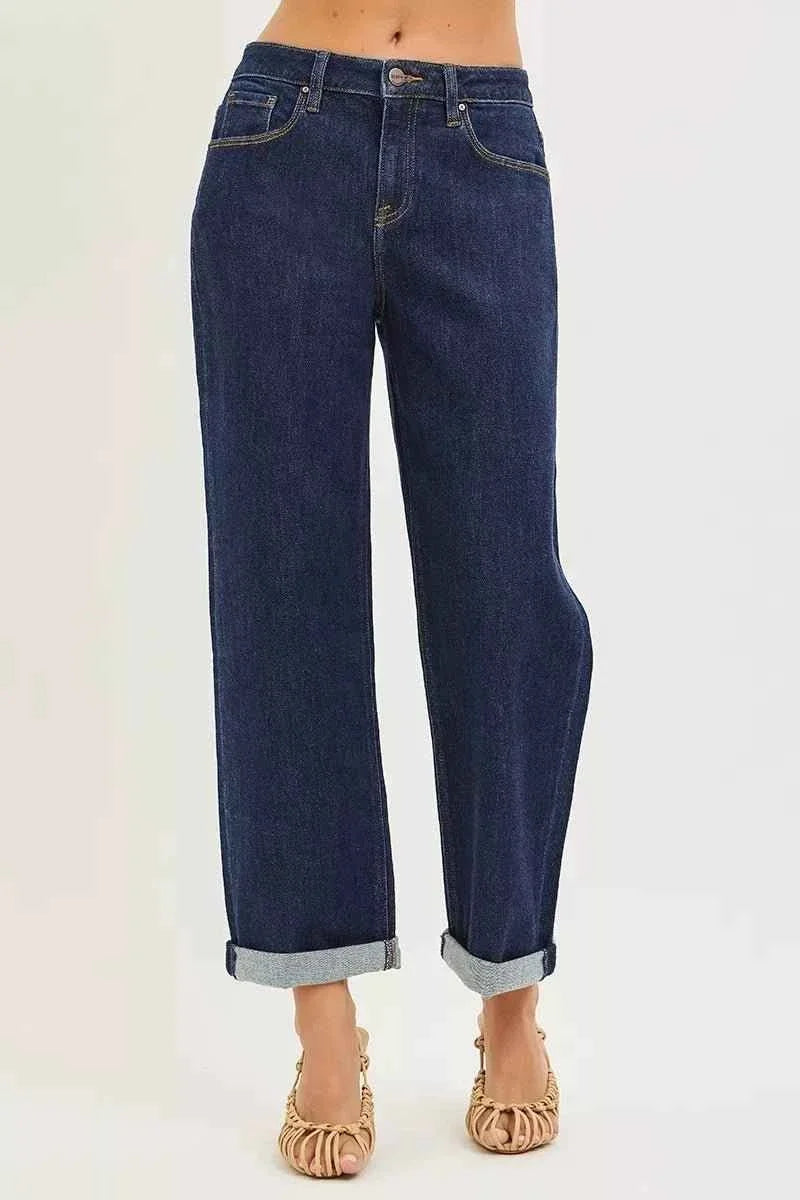 Solid Dark Wash Slouchy Cropped  Boyfriend Jeans with Cuffed Hem by Risen