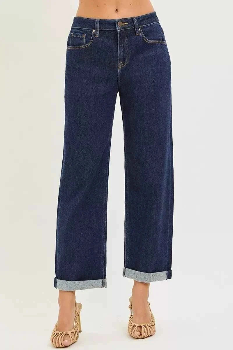Solid Dark Wash Slouchy Cropped  Boyfriend Jeans with Cuffed Hem by Risen