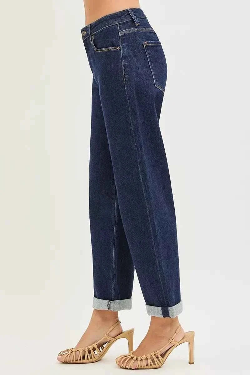 Solid Dark Wash Slouchy Cropped  Boyfriend Jeans with Cuffed Hem by Risen