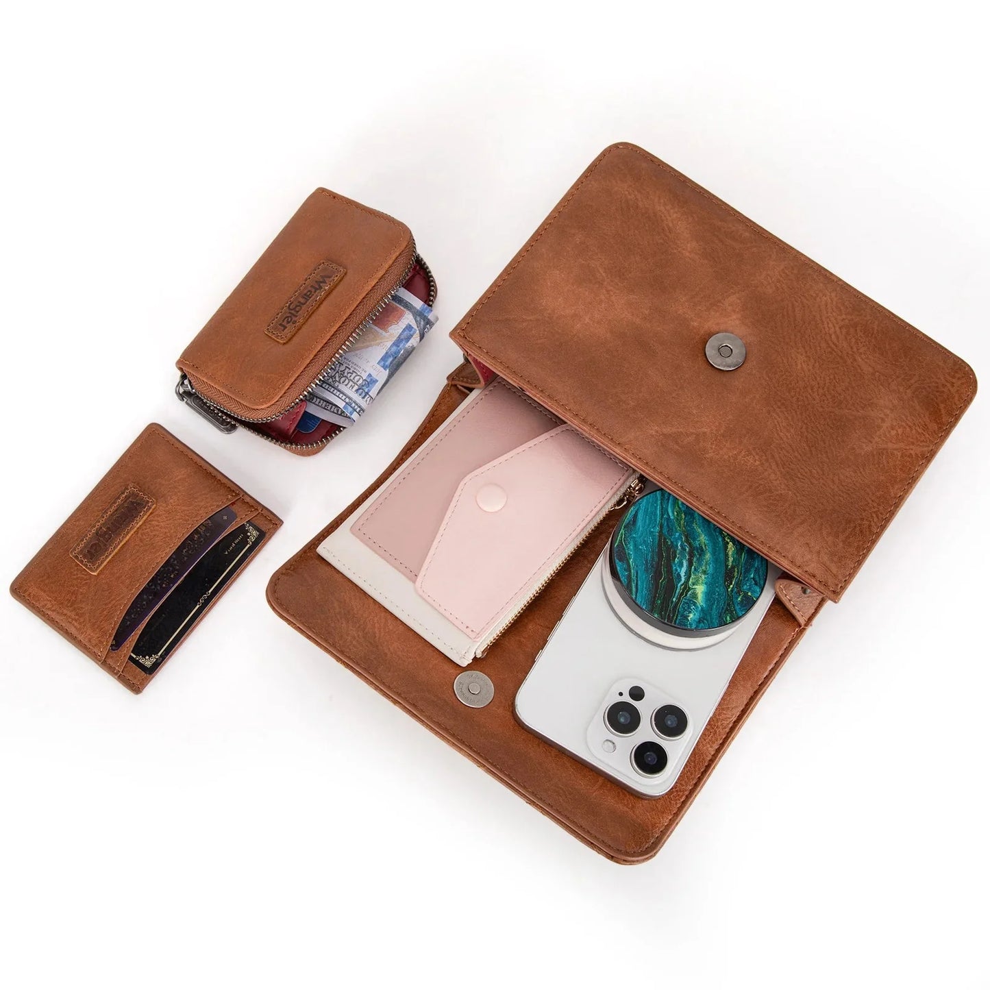 Wrangler Western 3-Piece Mini Crossbody Set — Saddle Color (Bag + Coin Wallet + Card Case)