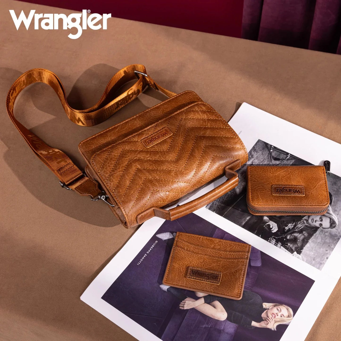 Wrangler Western 3-Piece Mini Crossbody Set — Saddle Color (Bag + Coin Wallet + Card Case)