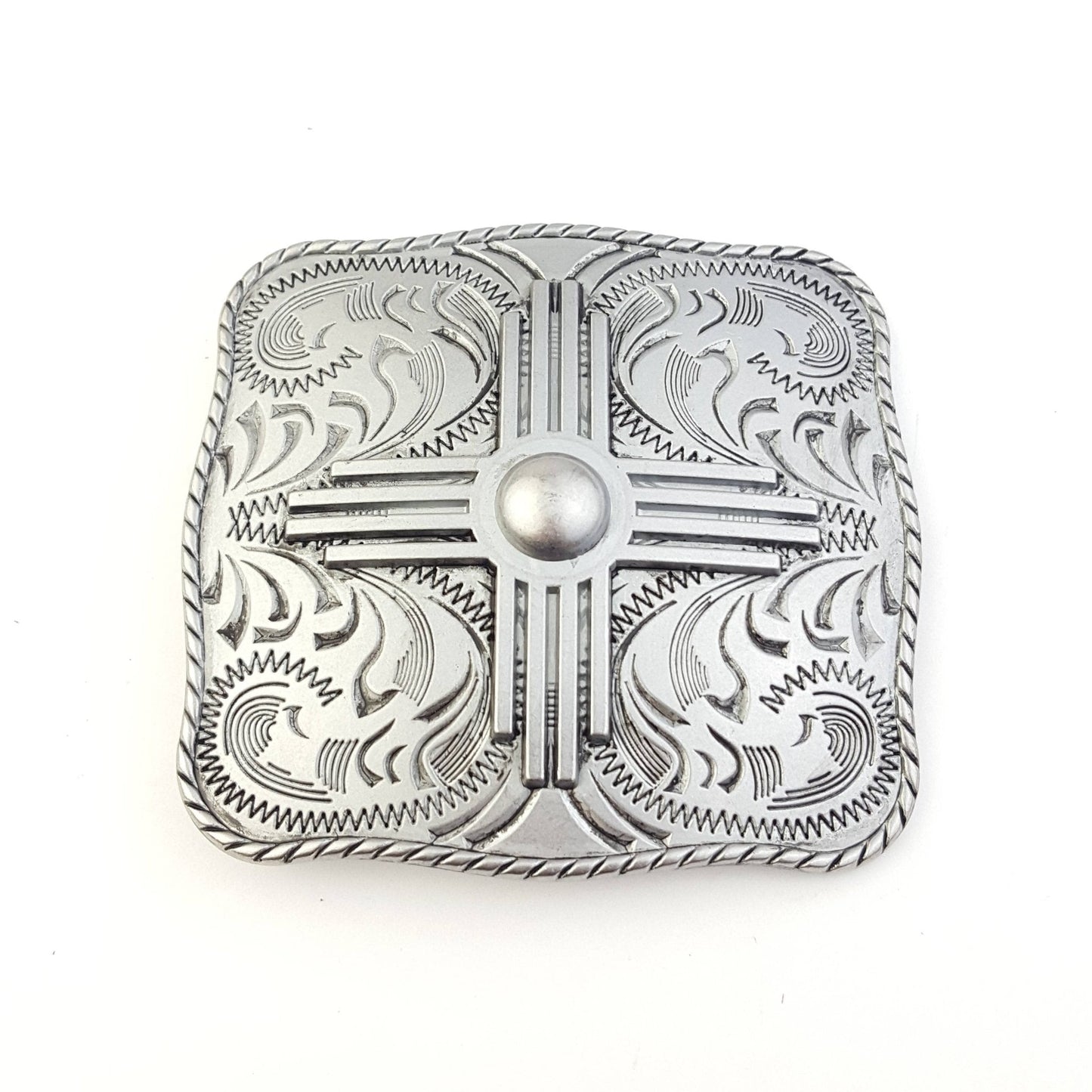 "Zia" Western Belt Buckle — Punchy Silver with Rope Edge, Etched Details & Southwestern Zia Overlay