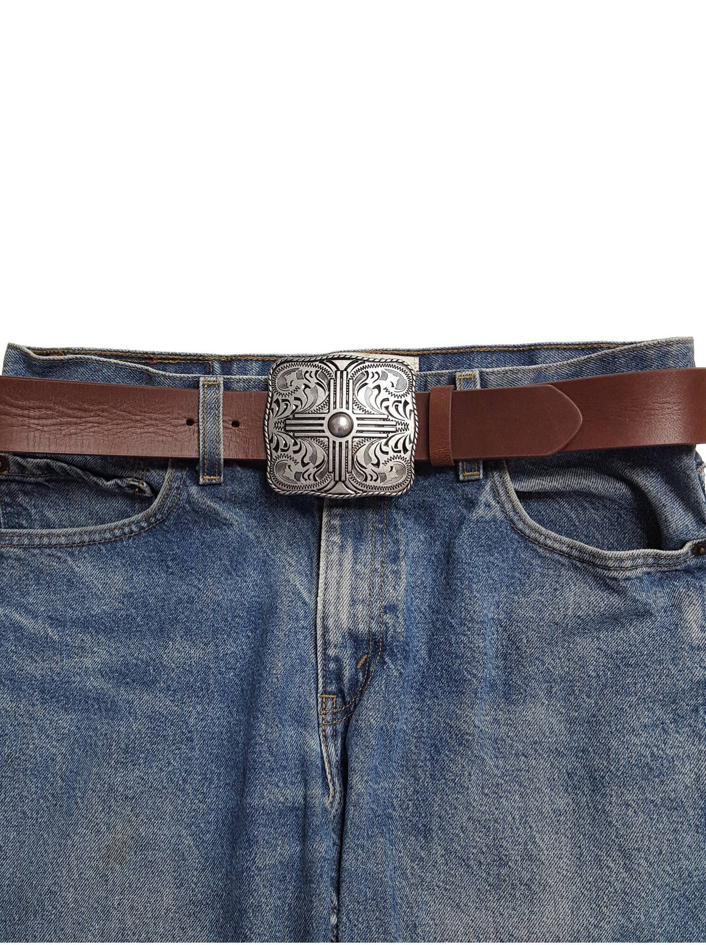 "Zia" Western Belt Buckle — Punchy Silver with Rope Edge, Etched Details & Southwestern Zia Overlay